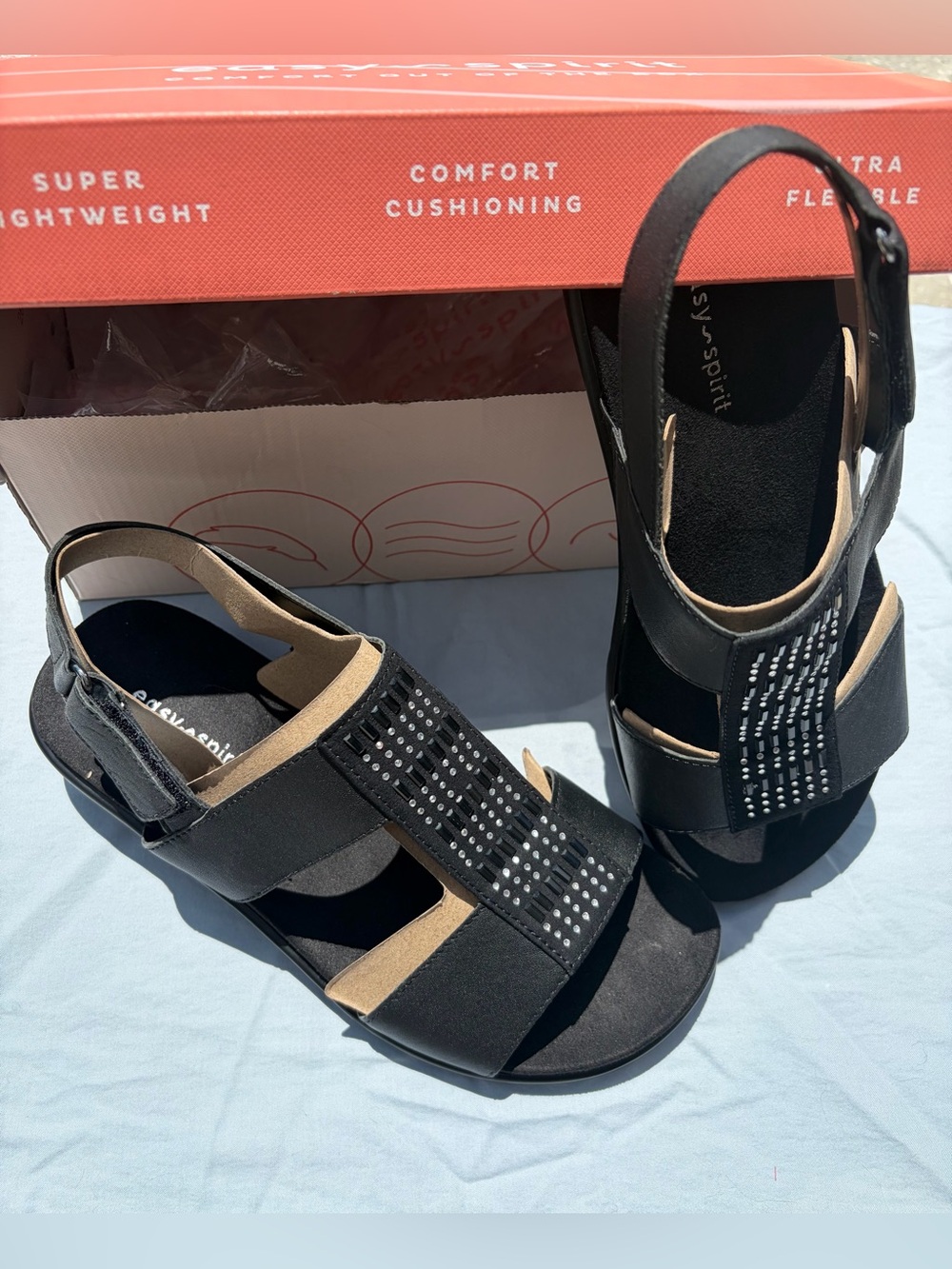Easy Spirit Black Hazel Womens 6.0 W Open Toe Slingback Hook & Loop Sandal Silvr